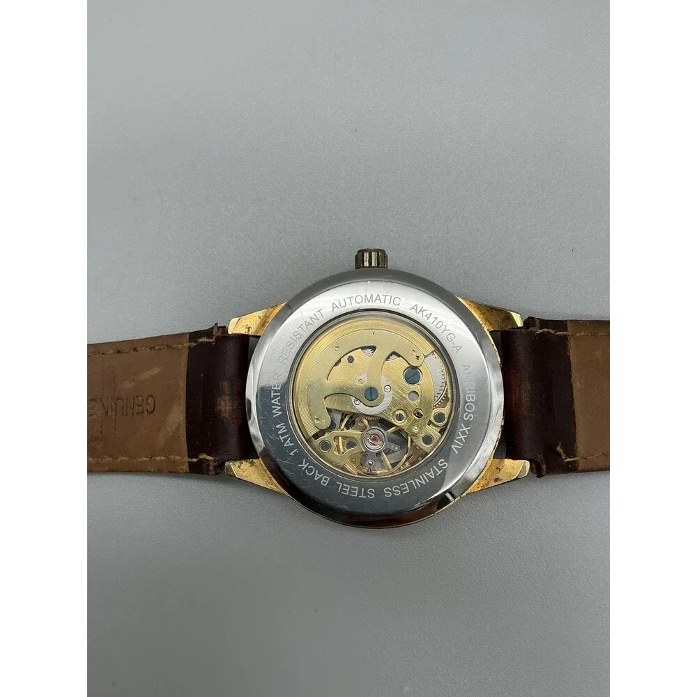 Akribos XXIV Mens Watch 41mm Skeleton Gold Tone Dial Leather Automatic Dress